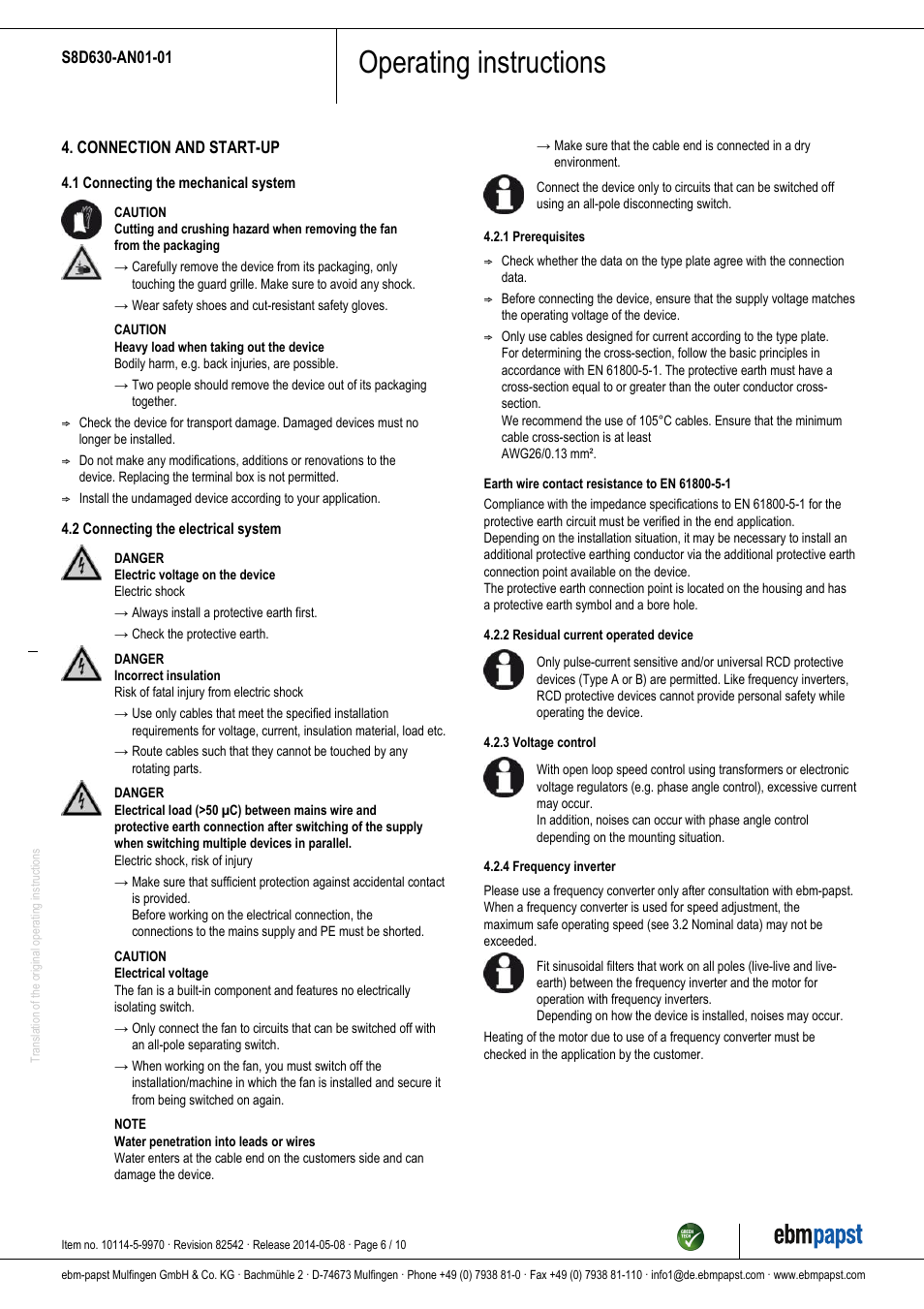 Operating instructions | ebm-papst S8D630-AN01-01 User Manual | Page 6 / 10