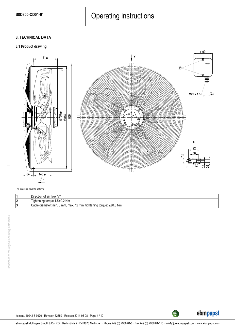 Operating instructions | ebm-papst S8D800-CD01-01 User Manual | Page 4 / 10