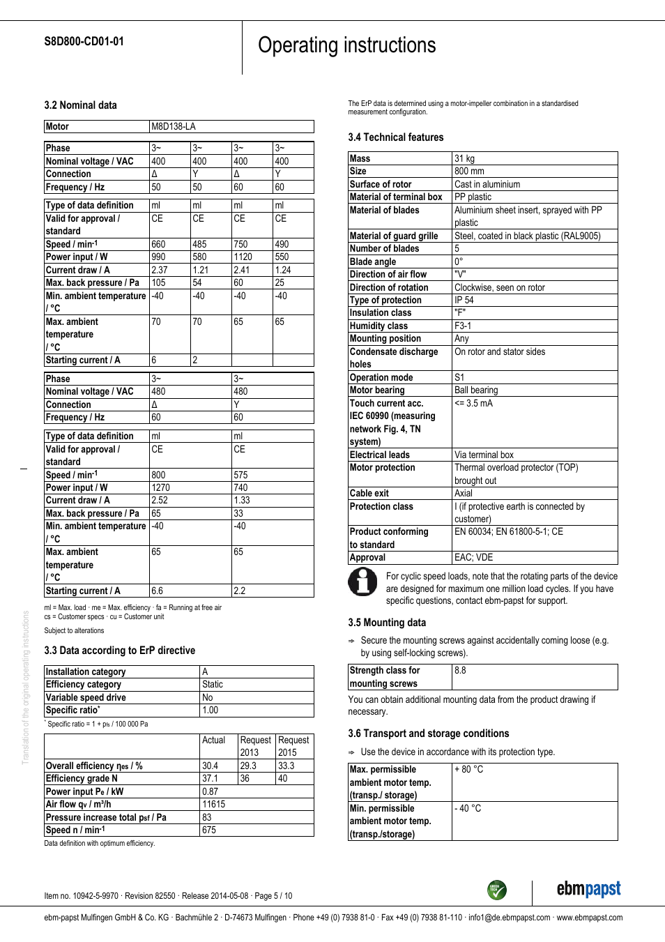 Operating instructions | ebm-papst S8D800-CD01-01 User Manual | Page 5 / 10