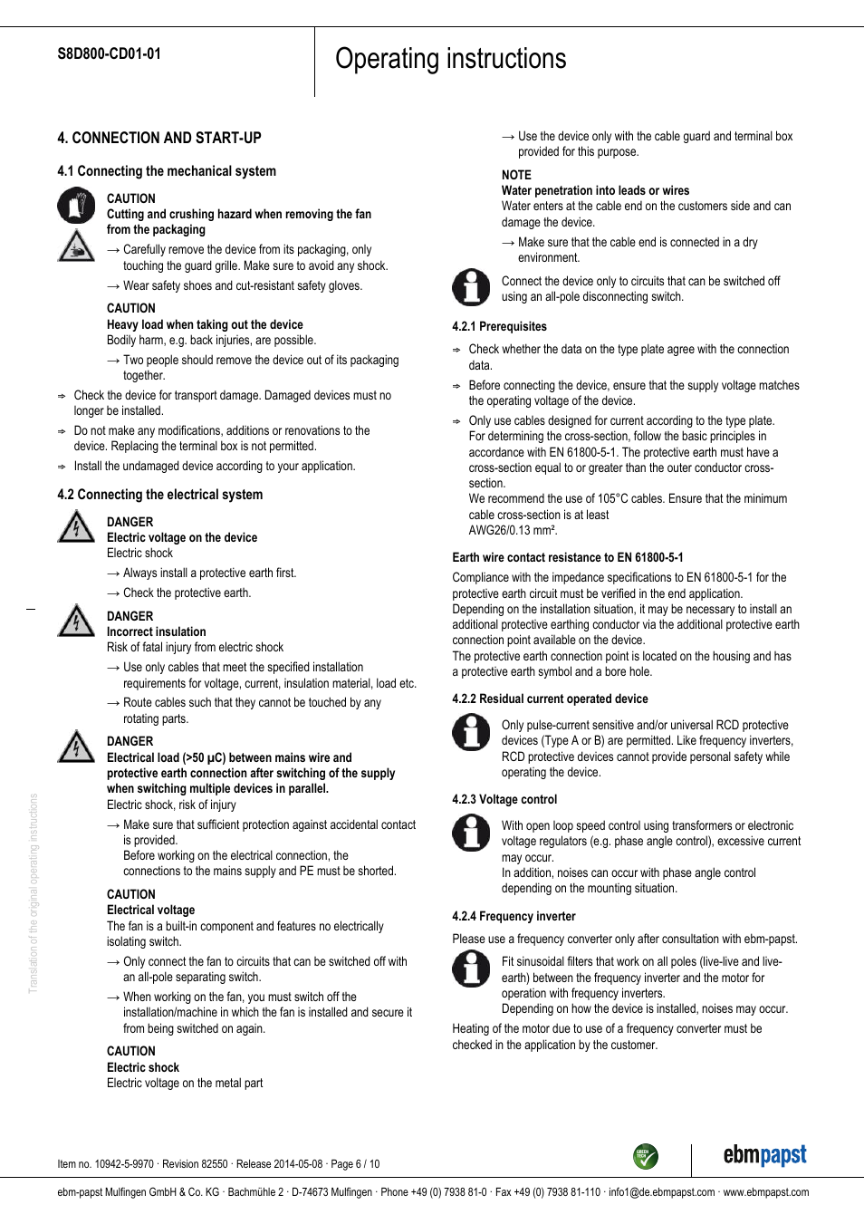 Operating instructions | ebm-papst S8D800-CD01-01 User Manual | Page 6 / 10