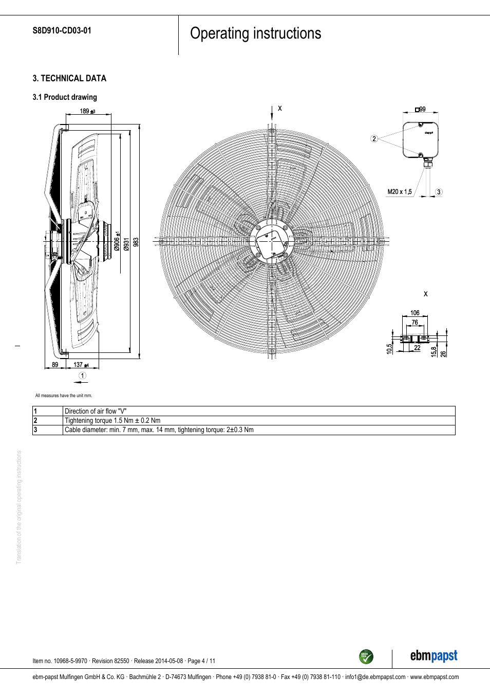 Operating instructions | ebm-papst S8D910-CD03-01 User Manual | Page 4 / 11