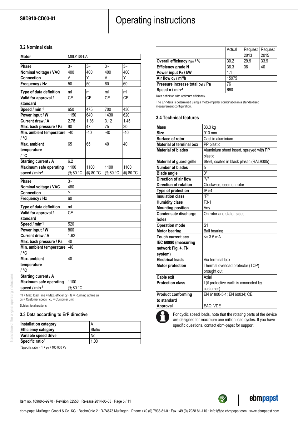 Operating instructions | ebm-papst S8D910-CD03-01 User Manual | Page 5 / 11