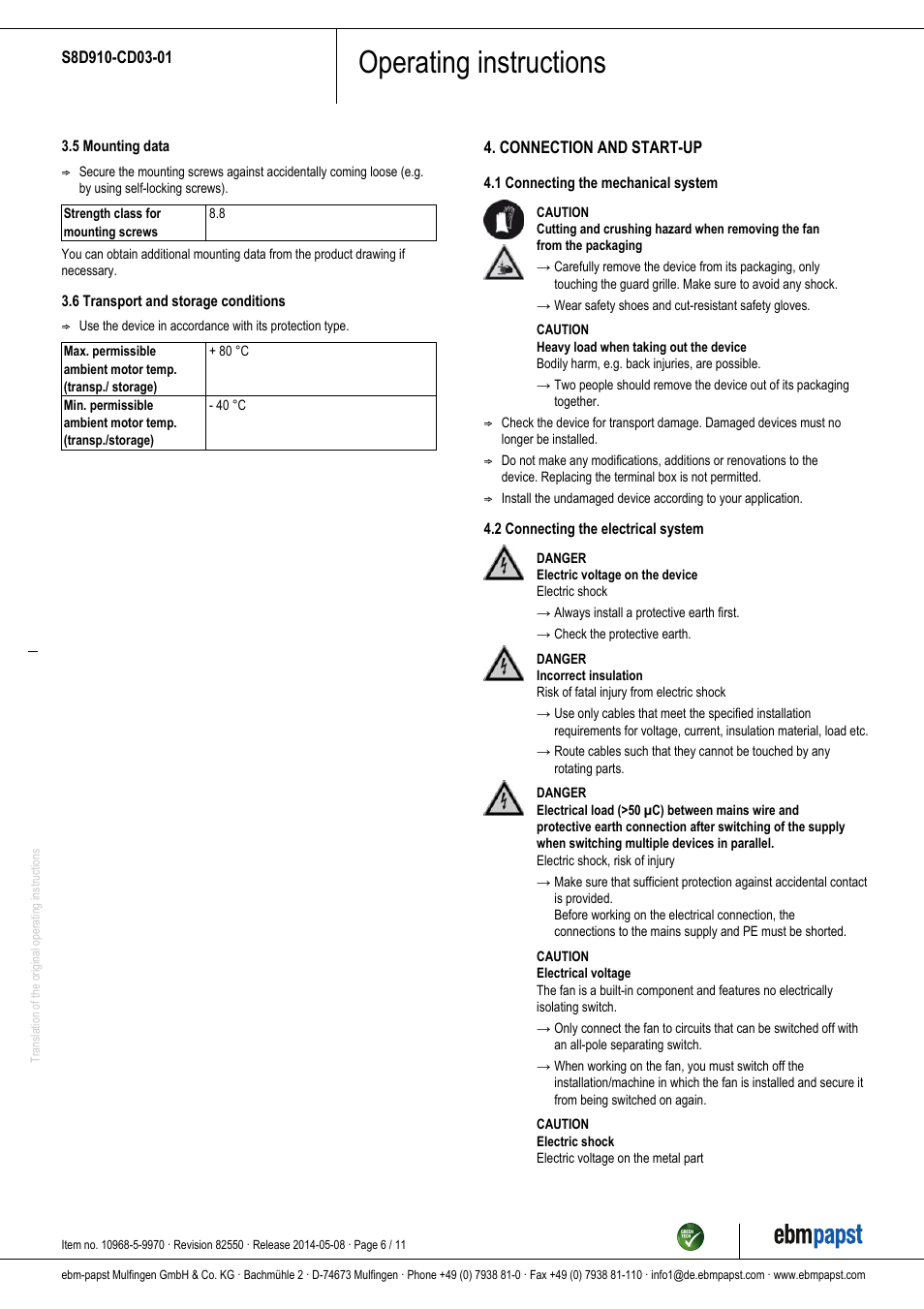 Operating instructions | ebm-papst S8D910-CD03-01 User Manual | Page 6 / 11