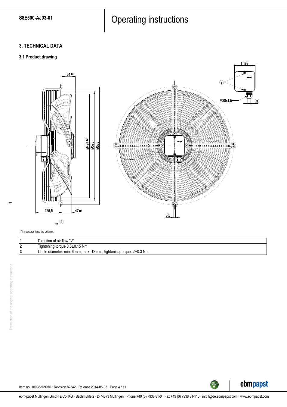 Operating instructions | ebm-papst S8E500-AJ03-01 User Manual | Page 4 / 11