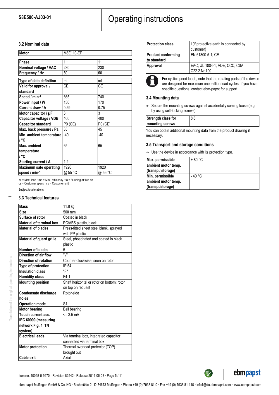 Operating instructions | ebm-papst S8E500-AJ03-01 User Manual | Page 5 / 11