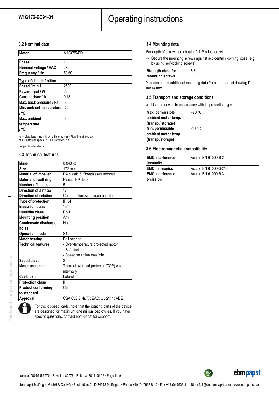 Operating instructions | ebm-papst W1G172-EC91-01 User Manual | Page 5 / 9