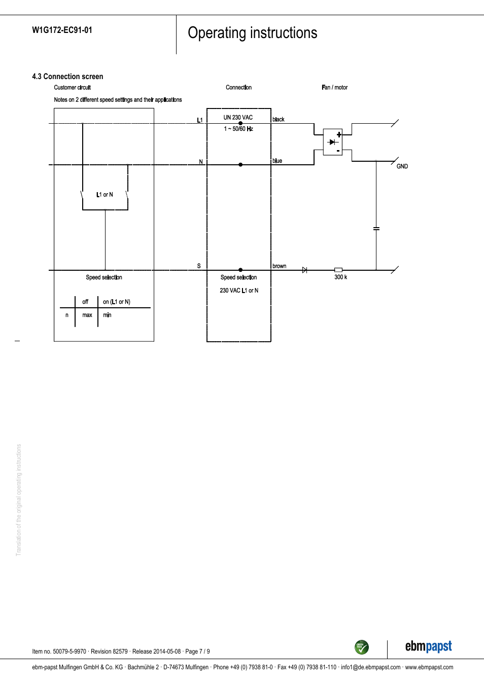 Operating instructions | ebm-papst W1G172-EC91-01 User Manual | Page 7 / 9