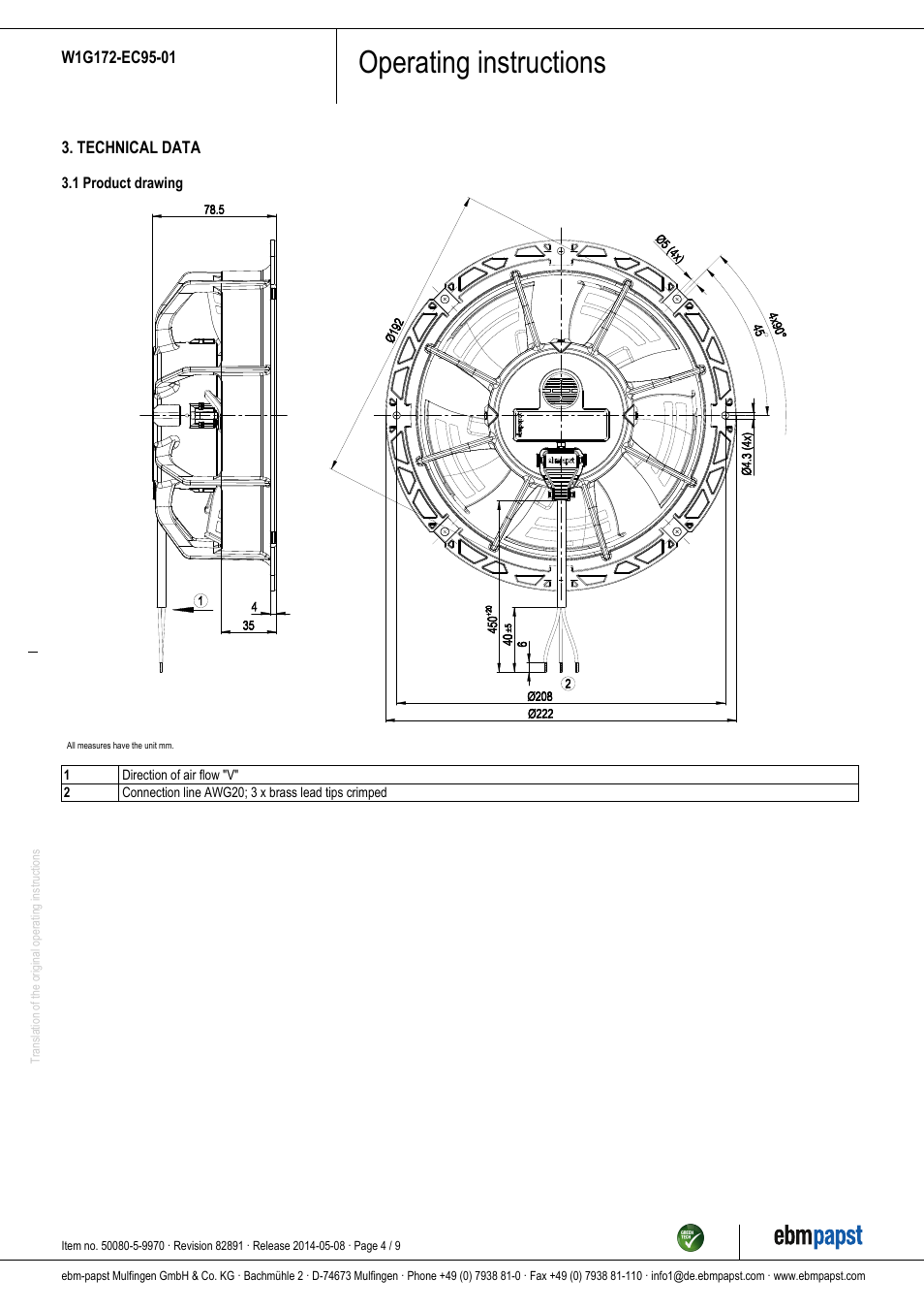 Operating instructions | ebm-papst W1G172-EC95-01 User Manual | Page 4 / 9