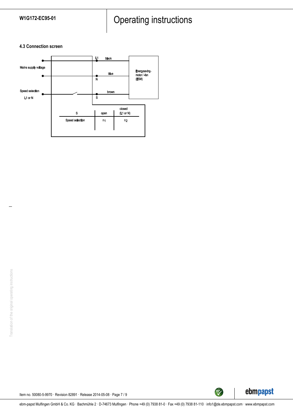 Operating instructions | ebm-papst W1G172-EC95-01 User Manual | Page 7 / 9