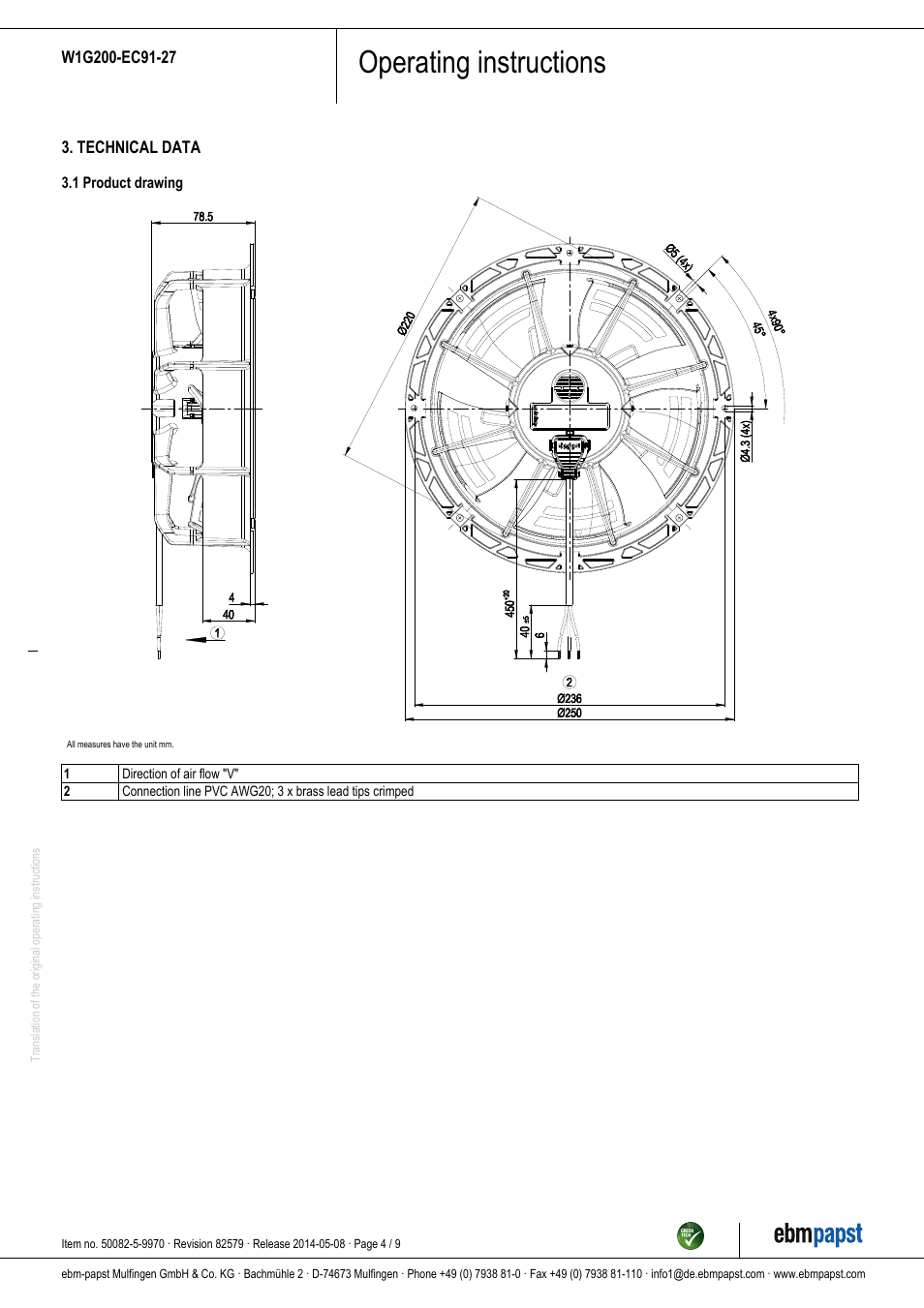 Operating instructions | ebm-papst W1G200-EC91-27 User Manual | Page 4 / 9