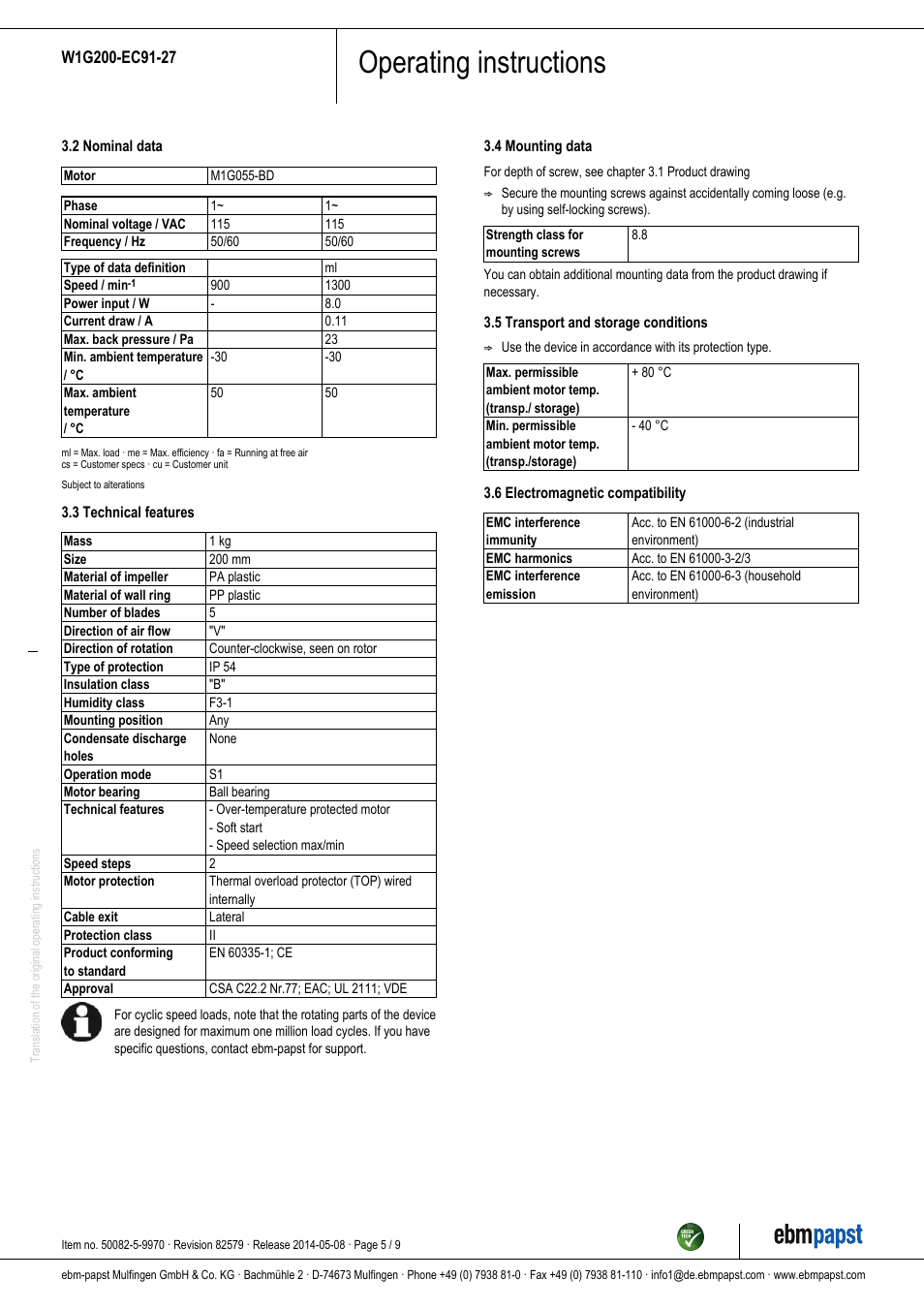 Operating instructions | ebm-papst W1G200-EC91-27 User Manual | Page 5 / 9