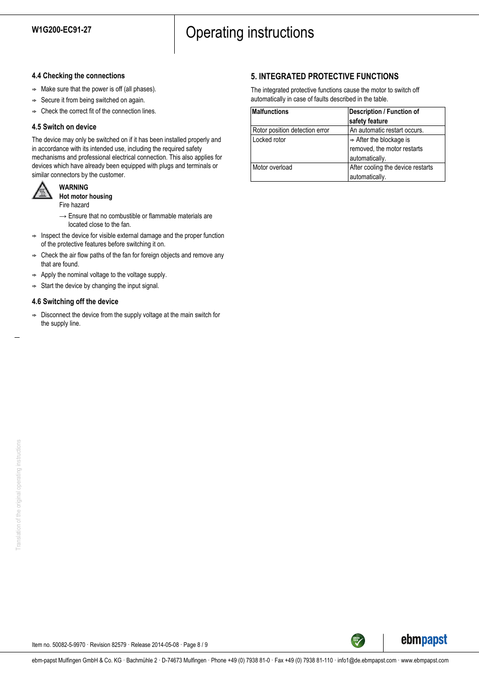 Operating instructions | ebm-papst W1G200-EC91-27 User Manual | Page 8 / 9