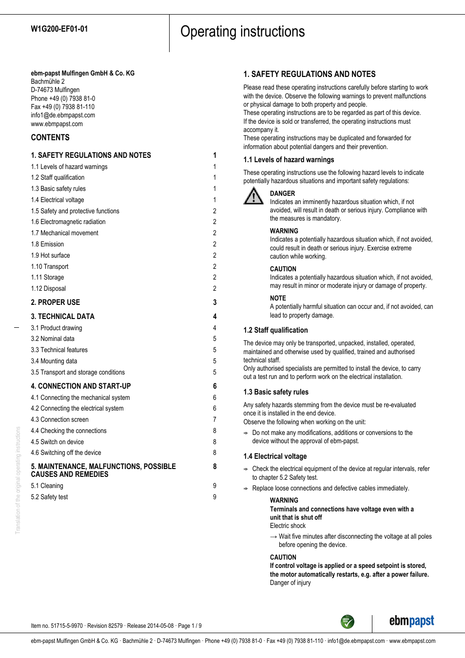 ebm-papst W1G200-EF01-01 User Manual | 9 pages