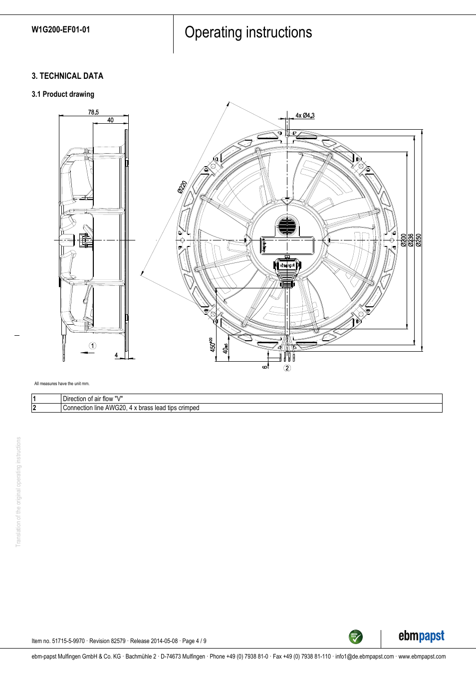 Operating instructions | ebm-papst W1G200-EF01-01 User Manual | Page 4 / 9