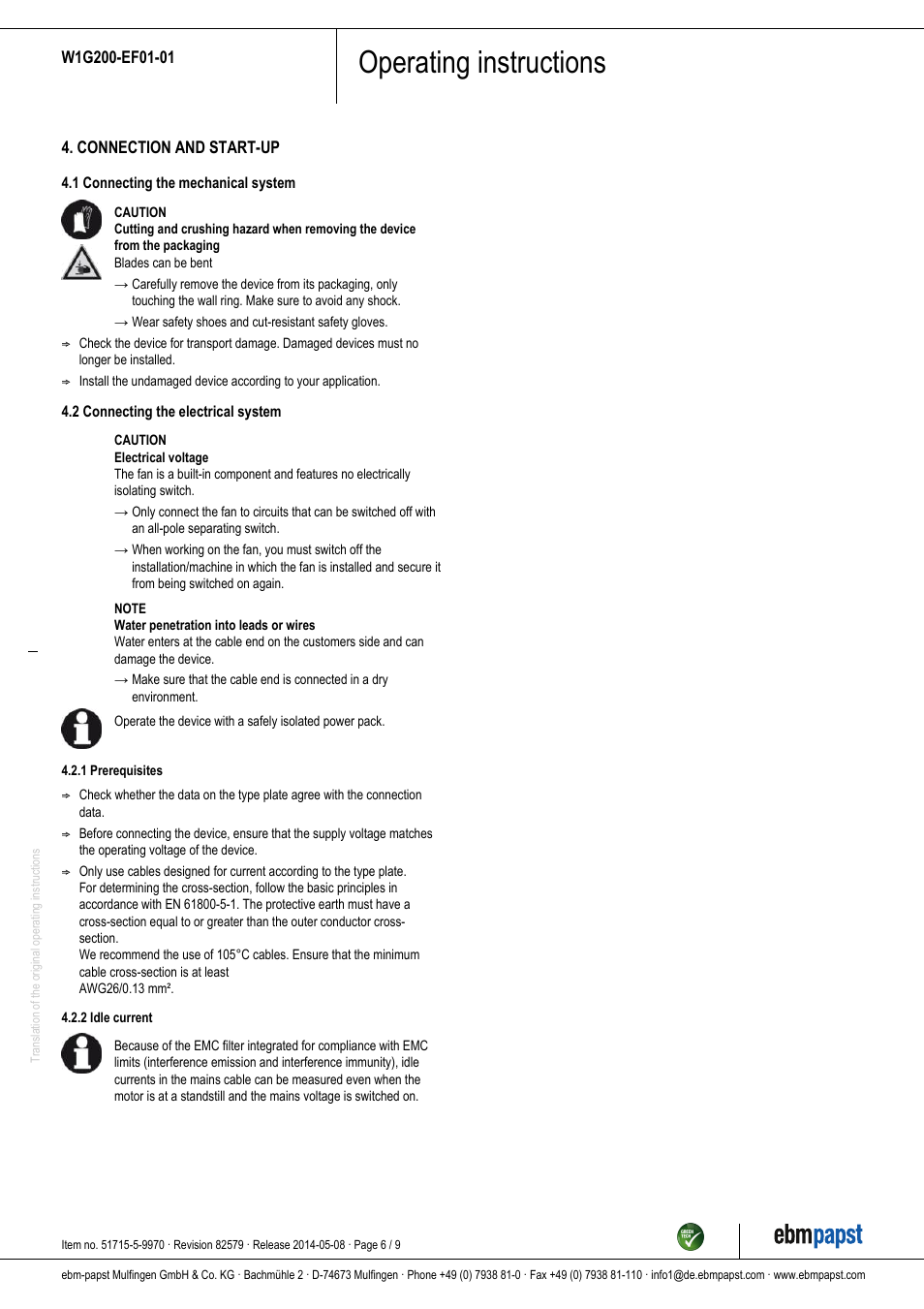 Operating instructions | ebm-papst W1G200-EF01-01 User Manual | Page 6 / 9