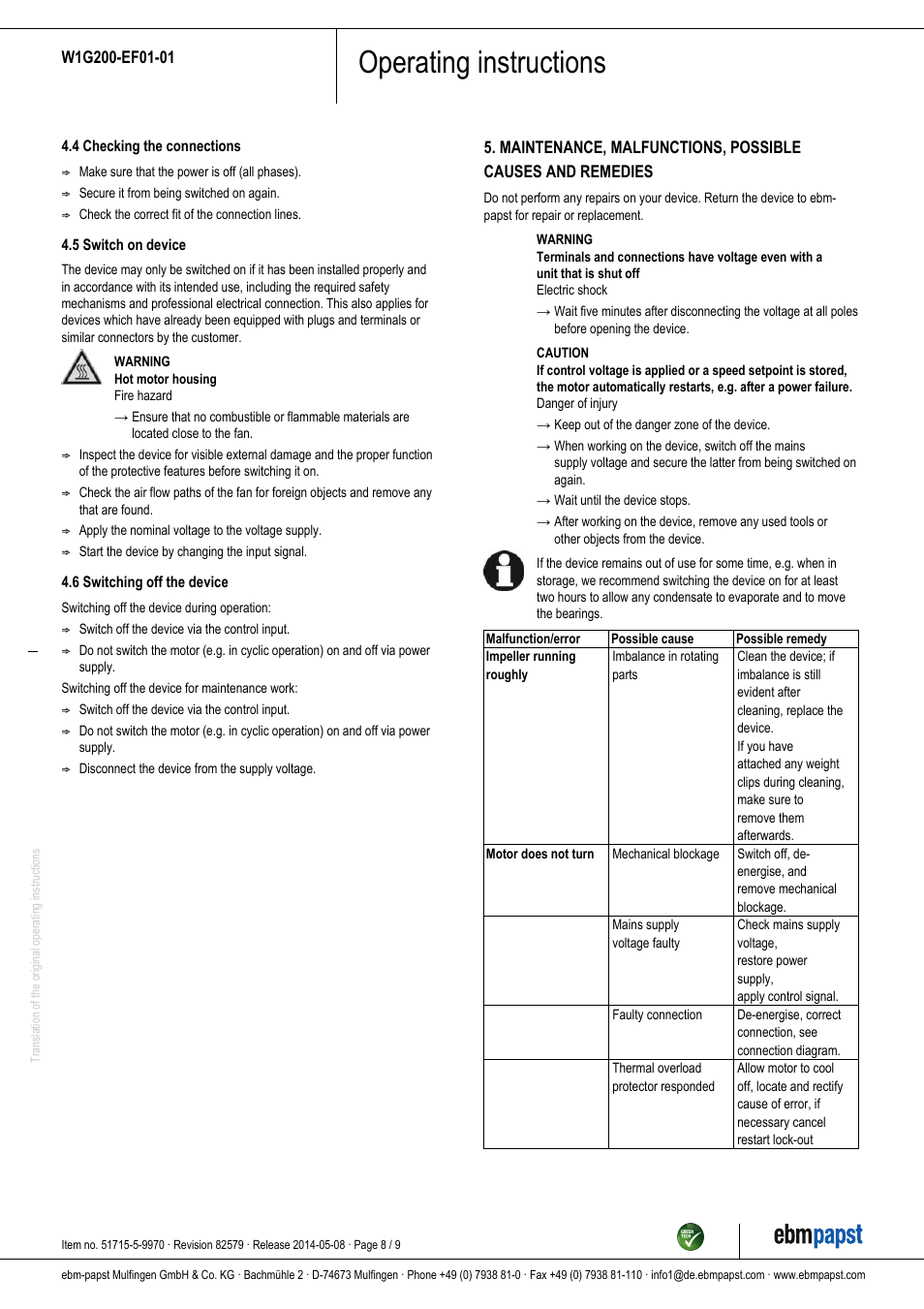 Operating instructions | ebm-papst W1G200-EF01-01 User Manual | Page 8 / 9