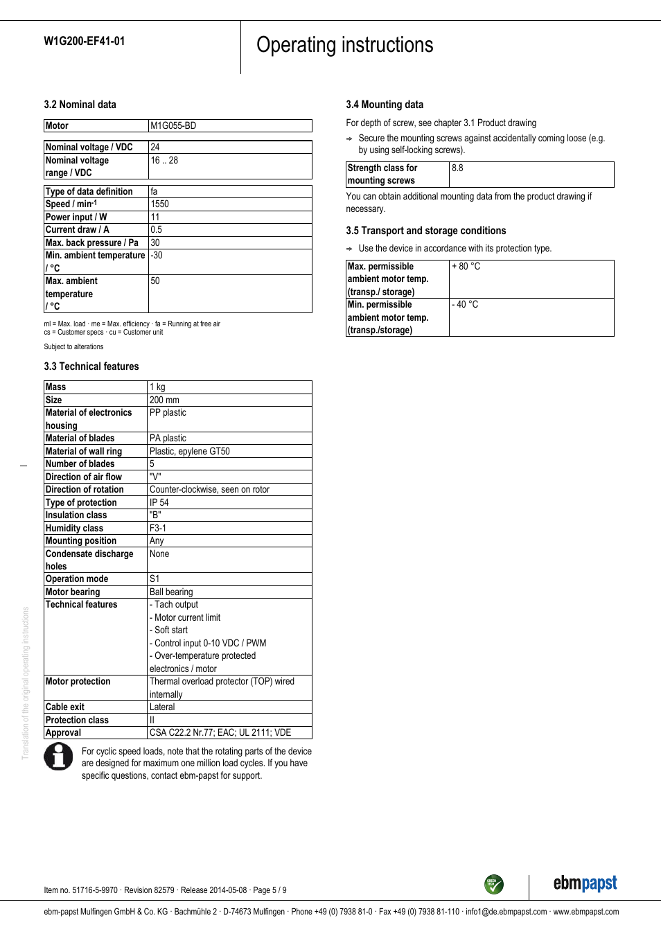 Operating instructions | ebm-papst W1G200-EF41-01 User Manual | Page 5 / 9