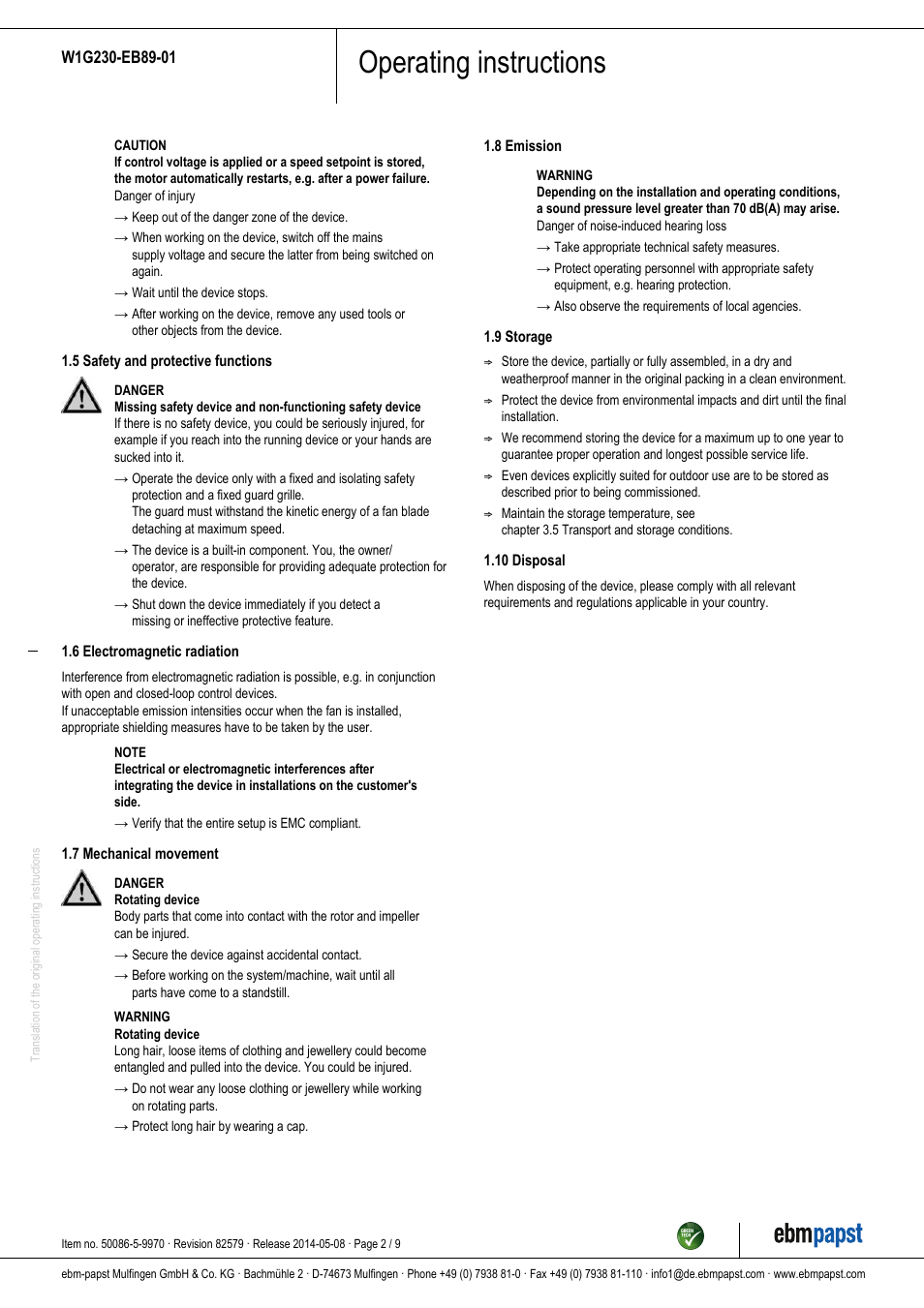 Operating instructions | ebm-papst W1G230-EB89-01 User Manual | Page 2 / 9