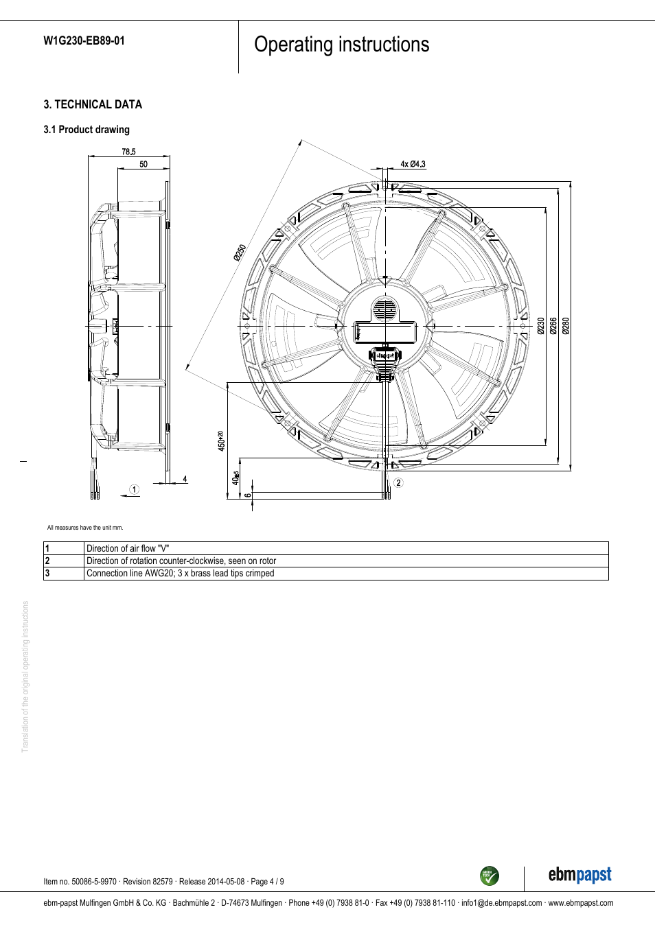 Operating instructions | ebm-papst W1G230-EB89-01 User Manual | Page 4 / 9