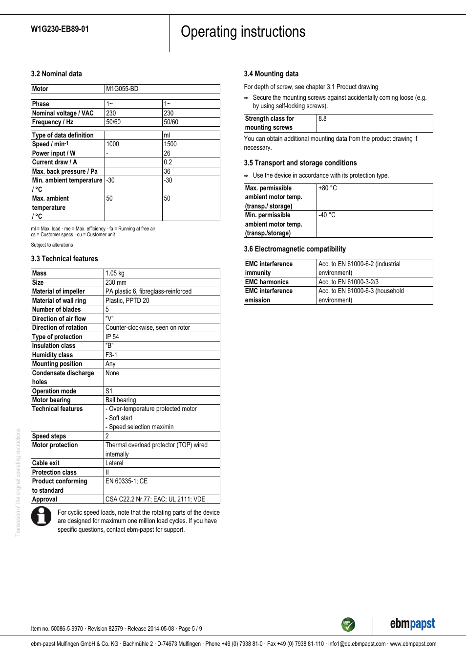 Operating instructions | ebm-papst W1G230-EB89-01 User Manual | Page 5 / 9