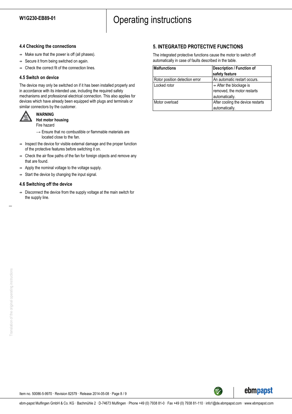 Operating instructions | ebm-papst W1G230-EB89-01 User Manual | Page 8 / 9