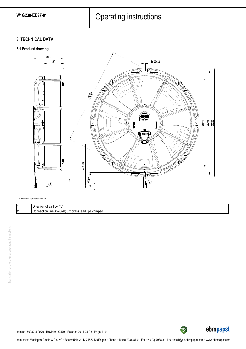 Operating instructions | ebm-papst W1G230-EB97-01 User Manual | Page 4 / 9