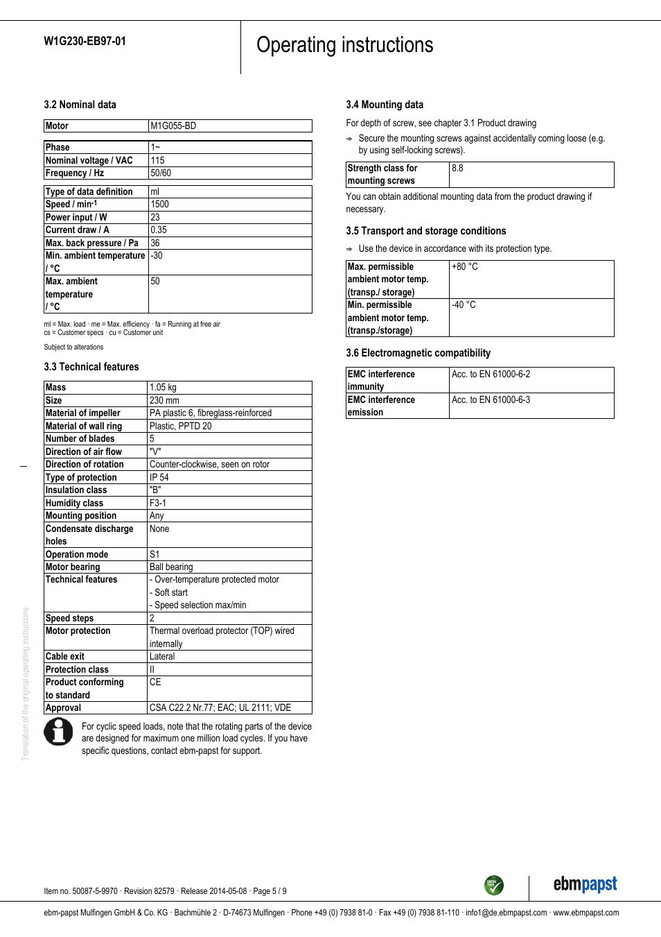 Operating instructions | ebm-papst W1G230-EB97-01 User Manual | Page 5 / 9