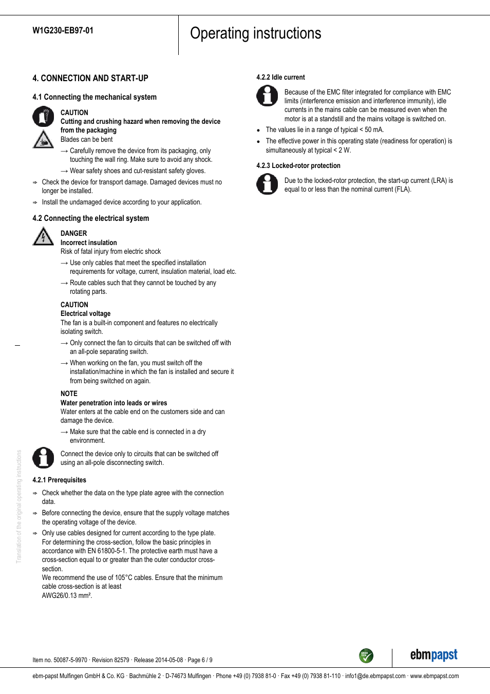 Operating instructions | ebm-papst W1G230-EB97-01 User Manual | Page 6 / 9