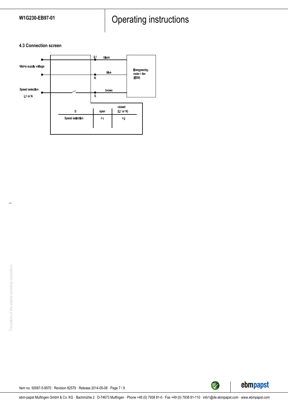 Operating instructions | ebm-papst W1G230-EB97-01 User Manual | Page 7 / 9