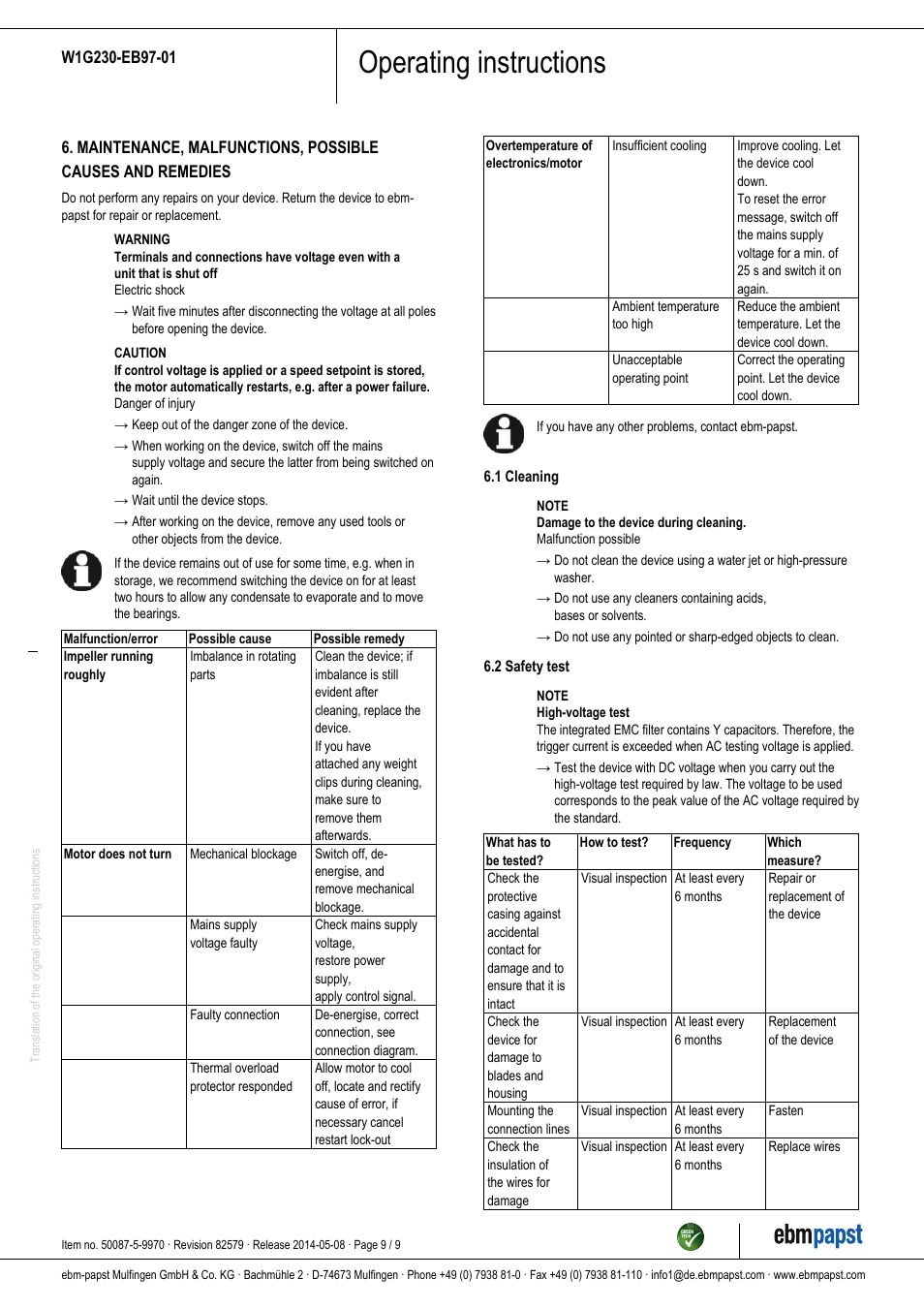 Operating instructions | ebm-papst W1G230-EB97-01 User Manual | Page 9 / 9