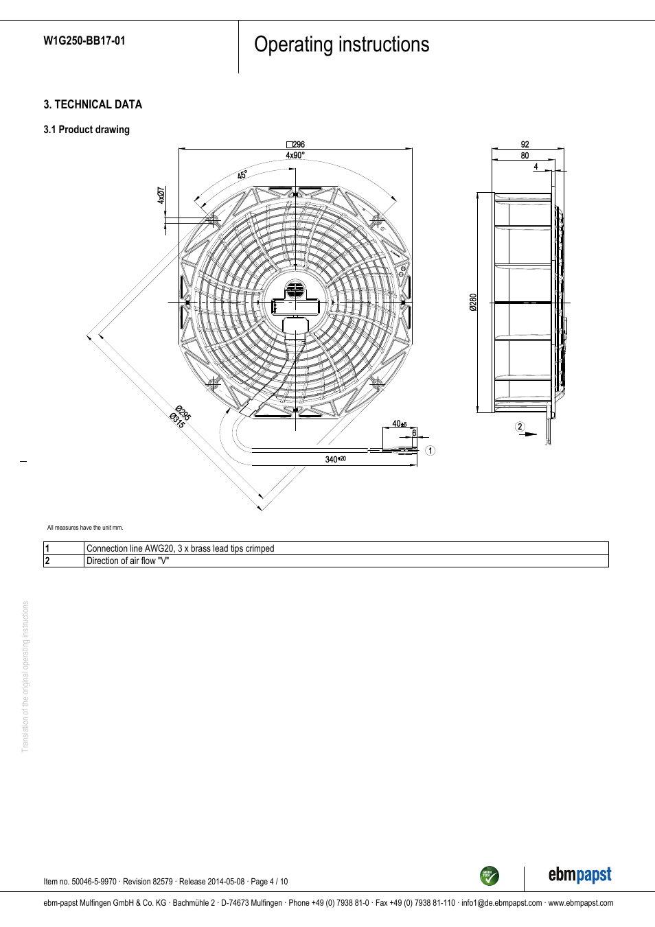 Operating instructions | ebm-papst W1G250-BB17-01 User Manual | Page 4 / 10