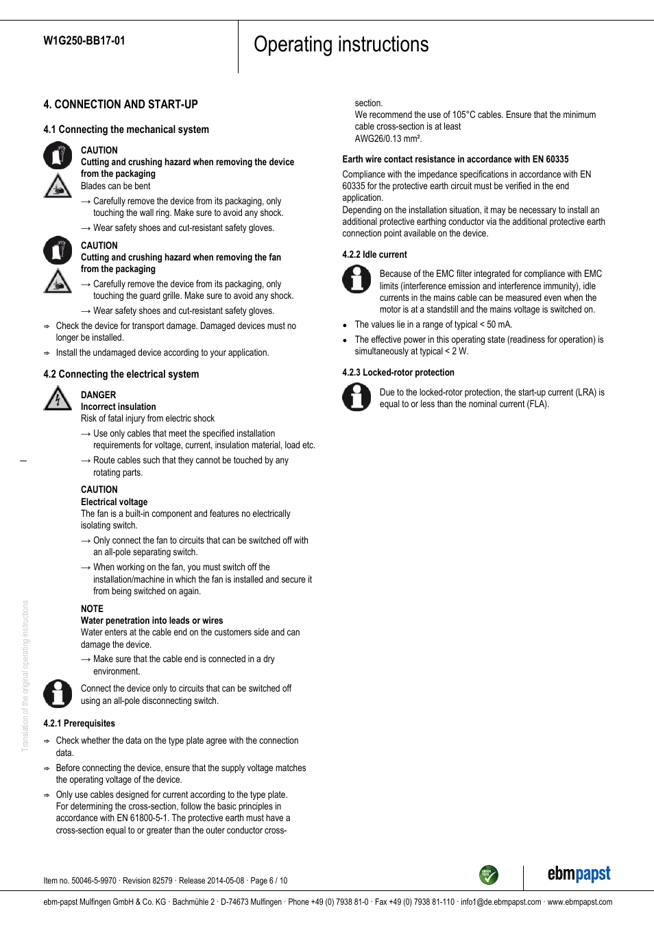 Operating instructions | ebm-papst W1G250-BB17-01 User Manual | Page 6 / 10