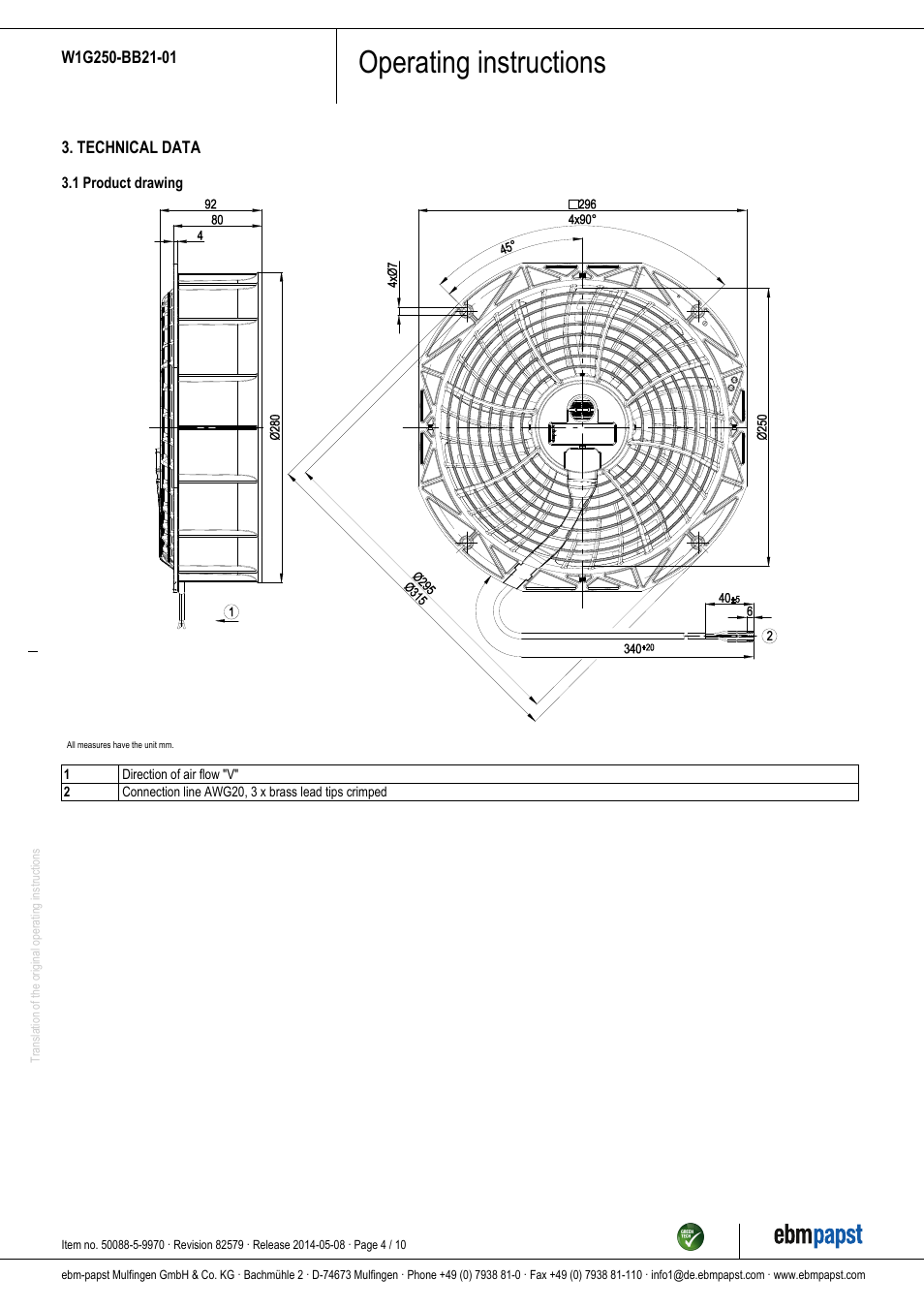 Operating instructions | ebm-papst W1G250-BB21-01 User Manual | Page 4 / 10