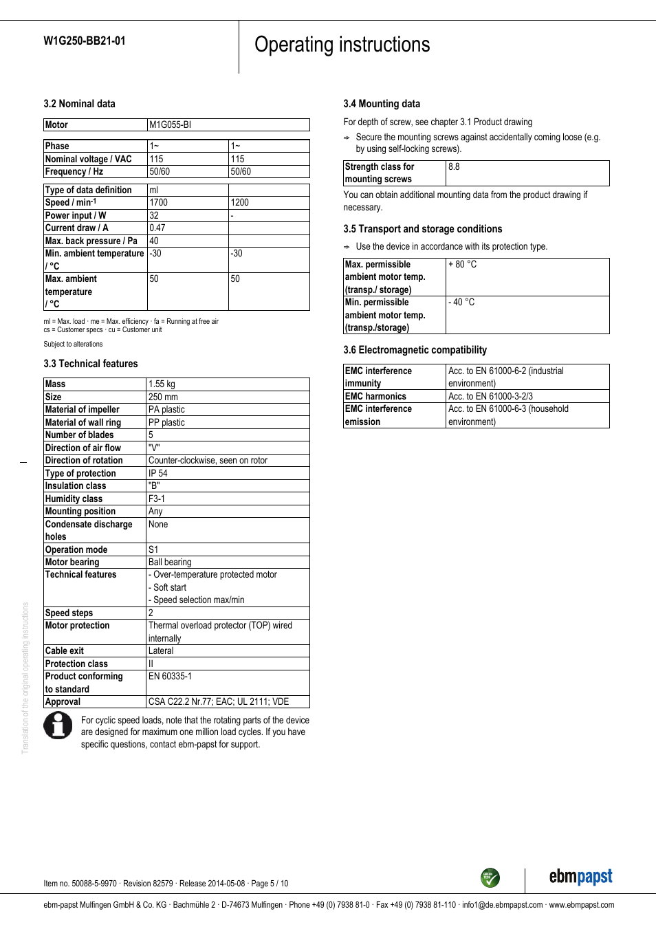 Operating instructions | ebm-papst W1G250-BB21-01 User Manual | Page 5 / 10