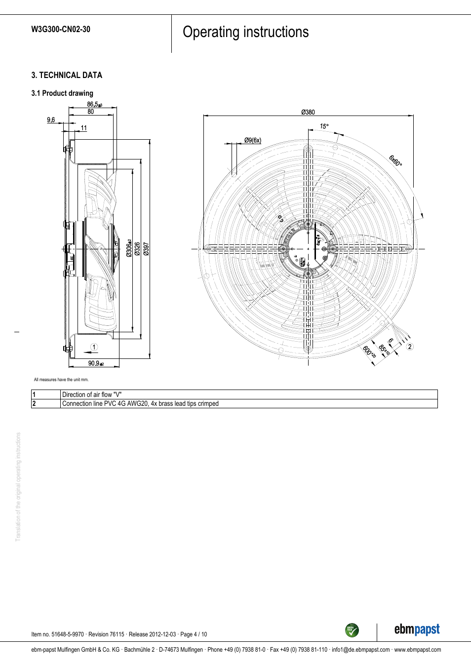 Operating instructions | ebm-papst W3G300-CN02-30 User Manual | Page 4 / 10