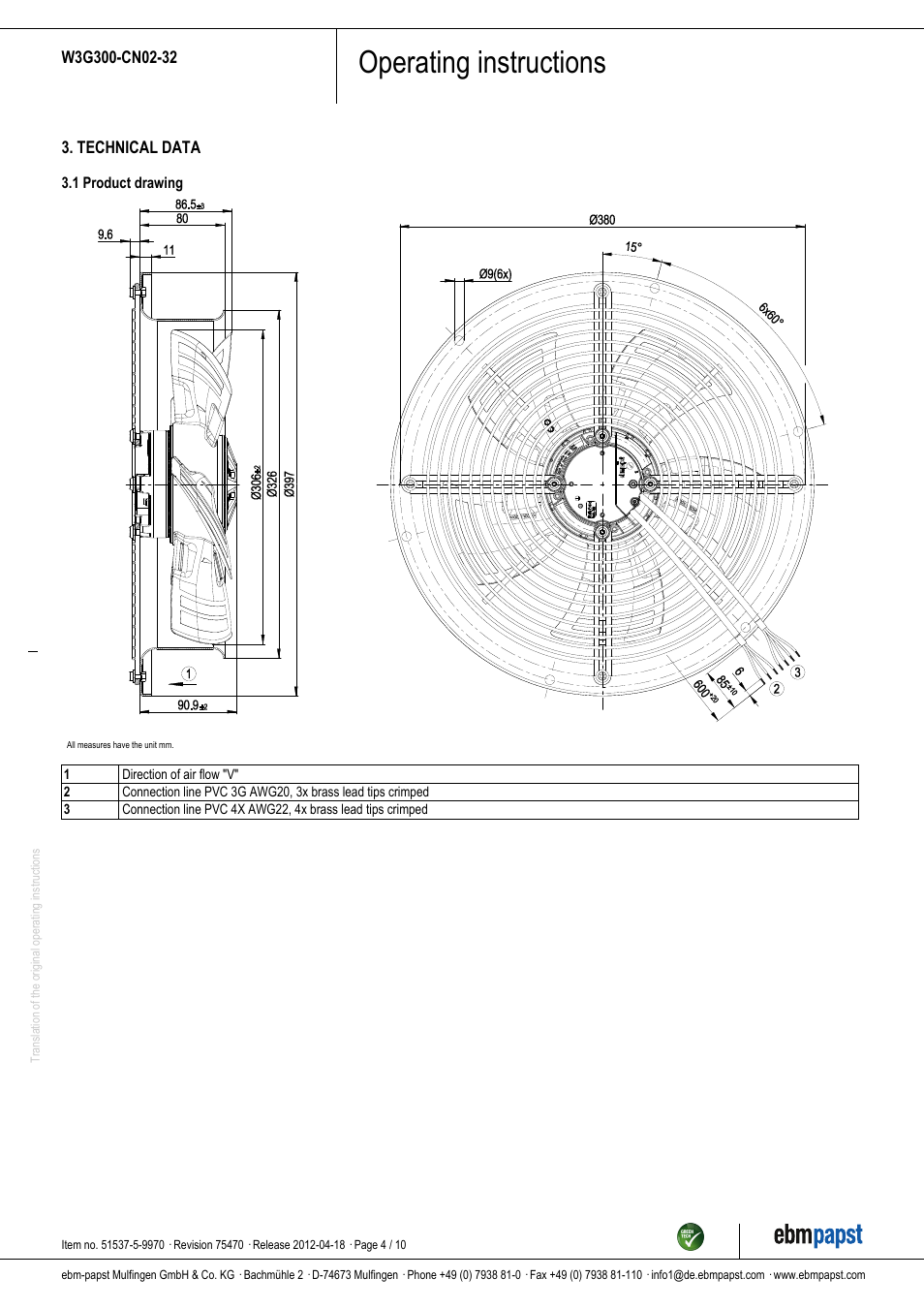 Operating instructions | ebm-papst W3G300-CN02-32 User Manual | Page 4 / 10