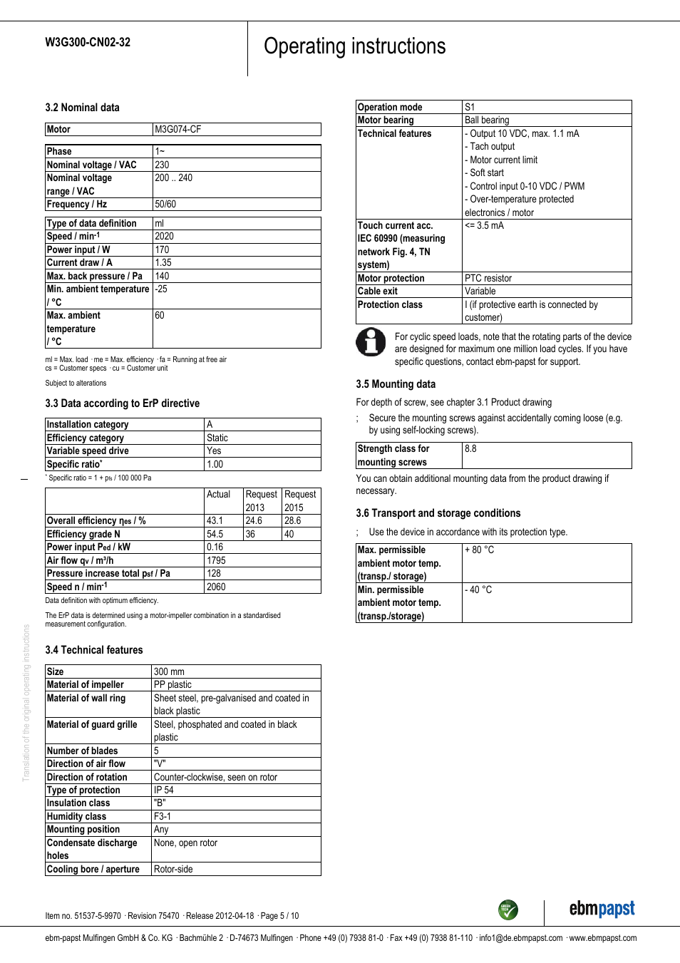 Operating instructions | ebm-papst W3G300-CN02-32 User Manual | Page 5 / 10