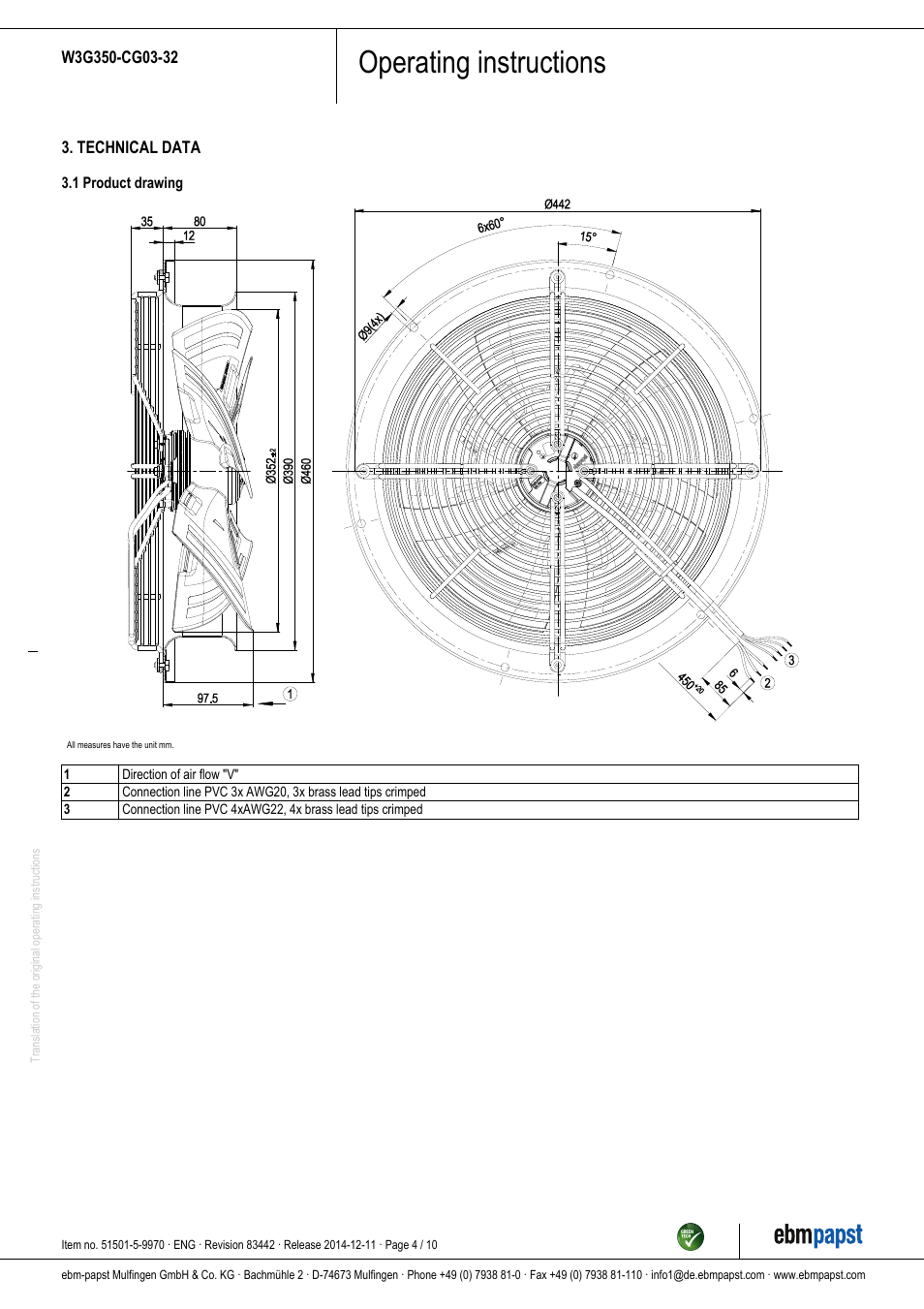 Operating instructions | ebm-papst W3G350-CG03-32 User Manual | Page 4 / 10