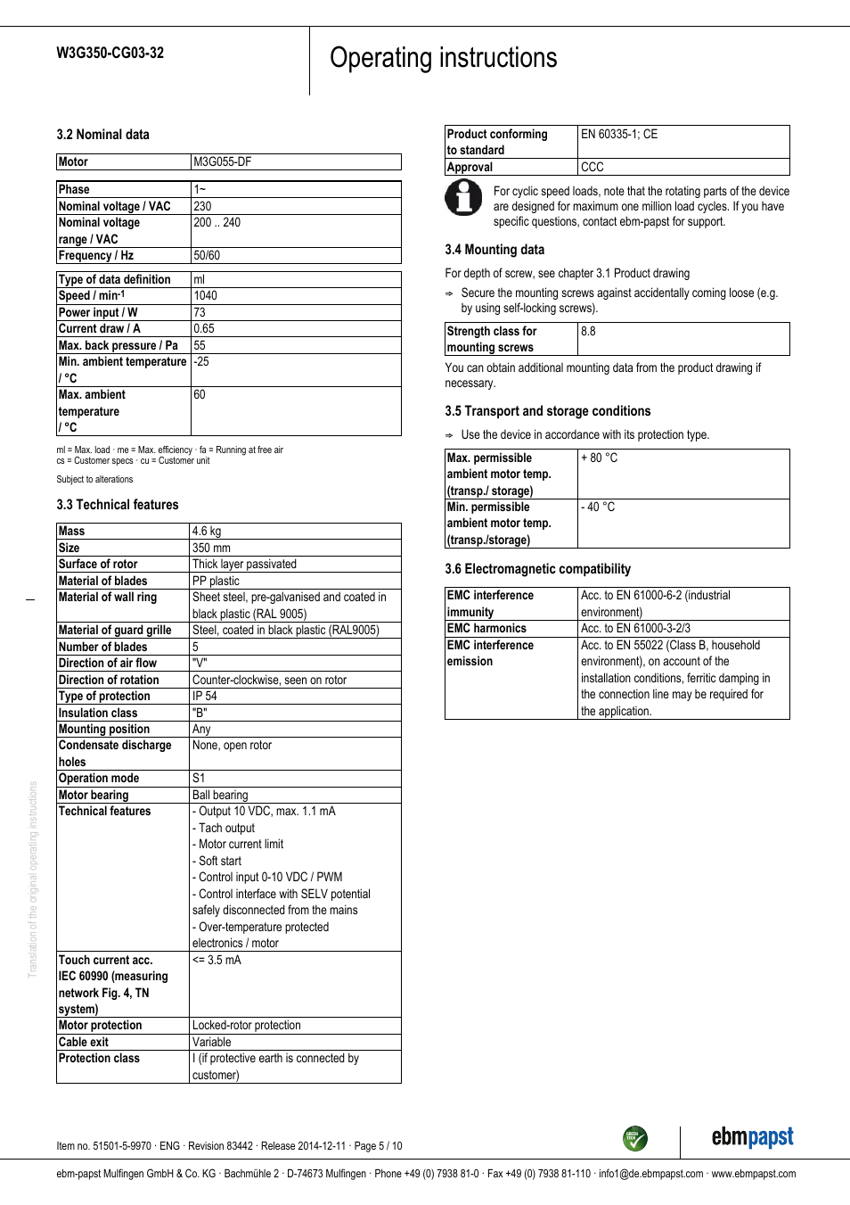 Operating instructions | ebm-papst W3G350-CG03-32 User Manual | Page 5 / 10