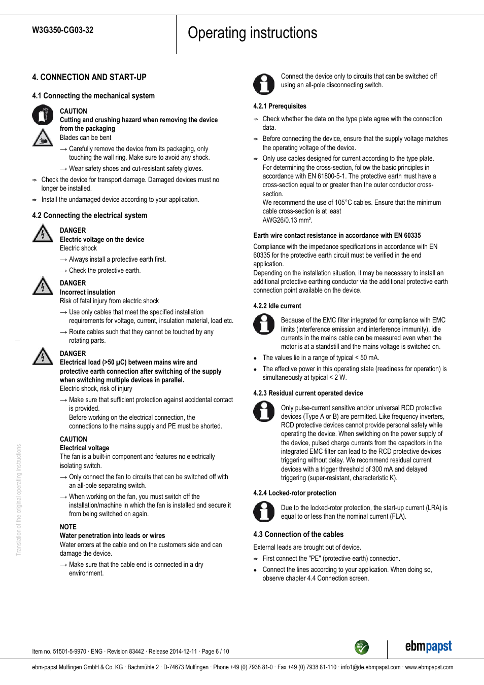 Operating instructions | ebm-papst W3G350-CG03-32 User Manual | Page 6 / 10