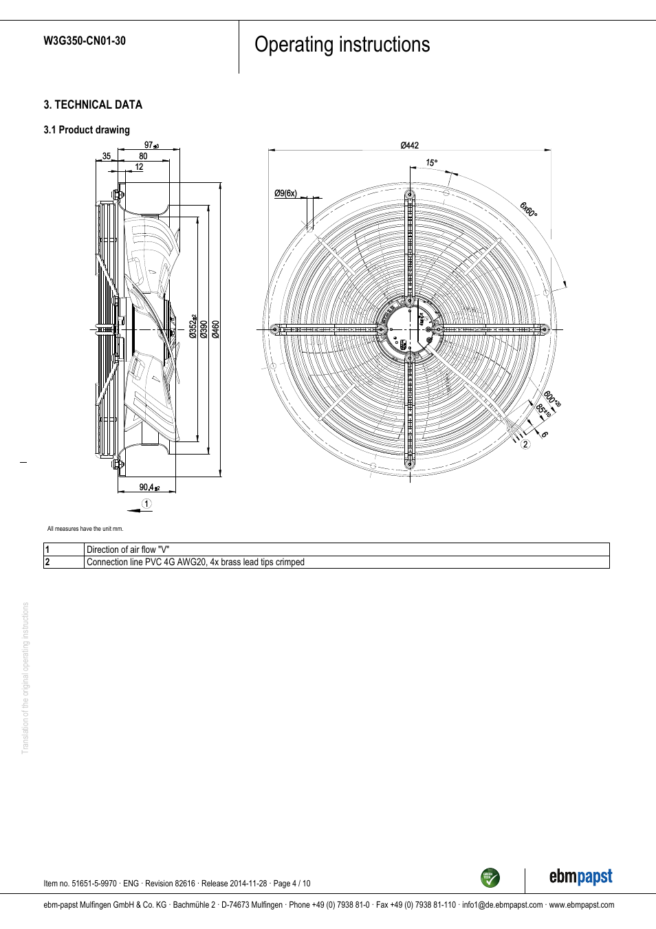 Operating instructions | ebm-papst W3G350-CN01-30 User Manual | Page 4 / 10