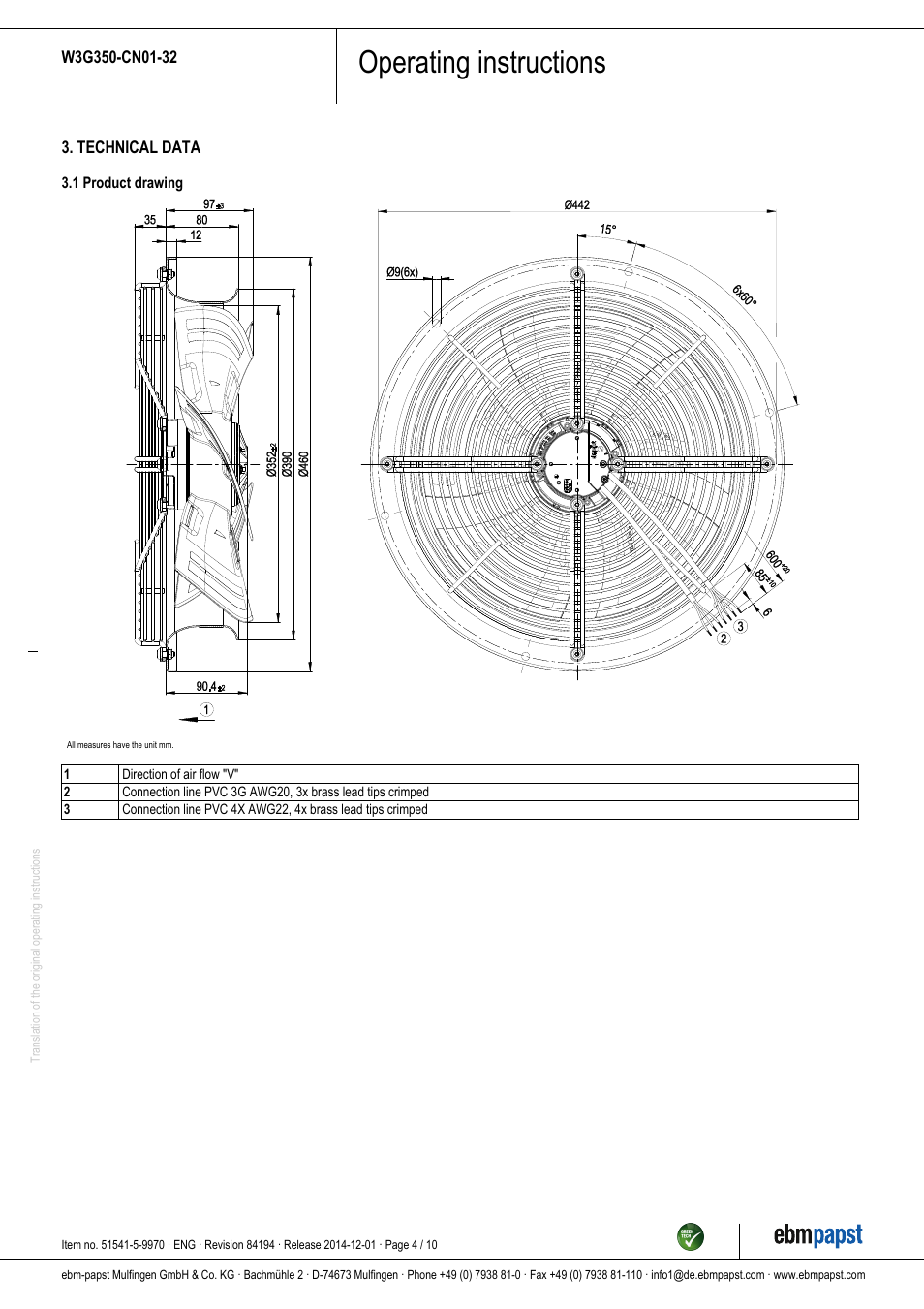 Operating instructions | ebm-papst W3G350-CN01-32 User Manual | Page 4 / 10
