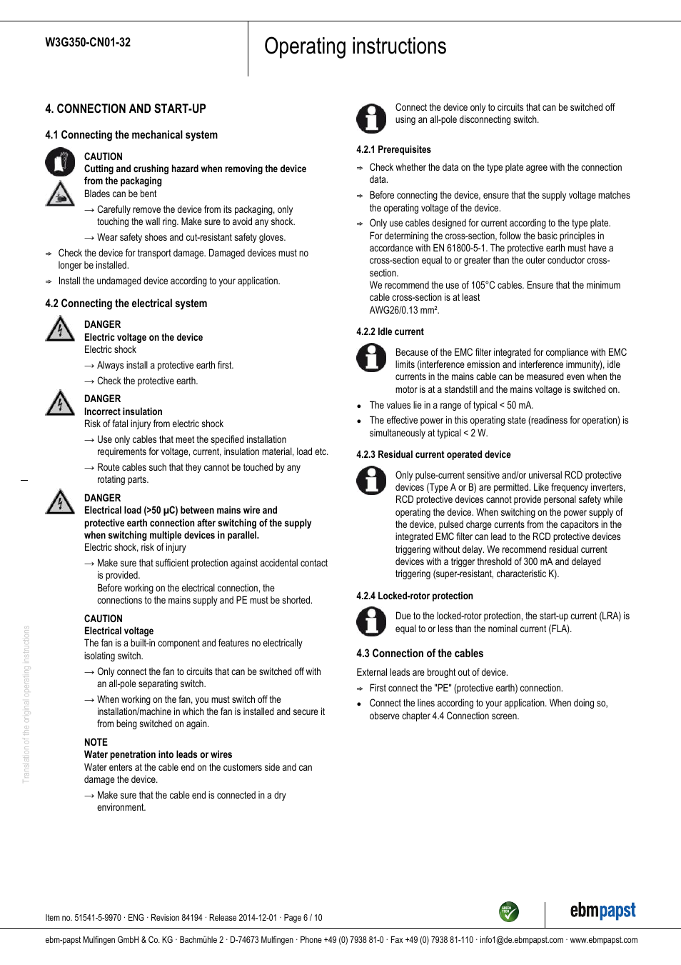 Operating instructions | ebm-papst W3G350-CN01-32 User Manual | Page 6 / 10