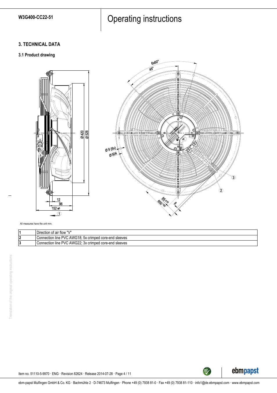 Operating instructions | ebm-papst W3G400-CC22-51 User Manual | Page 4 / 11