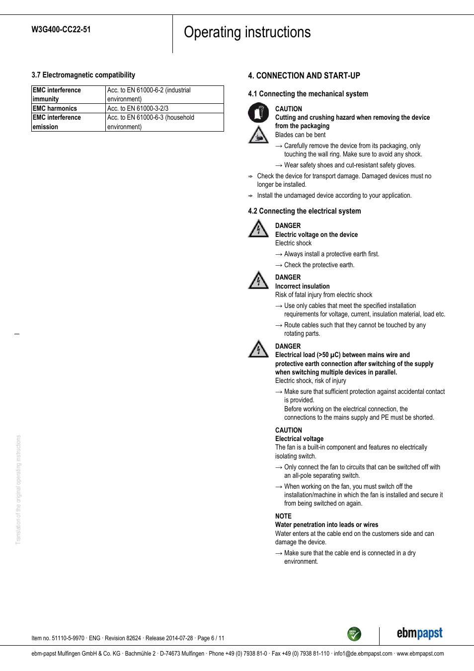 Operating instructions | ebm-papst W3G400-CC22-51 User Manual | Page 6 / 11