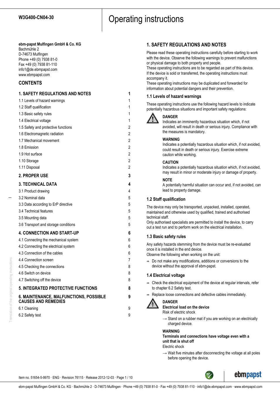 ebm-papst W3G400-CN04-30 User Manual | 10 pages