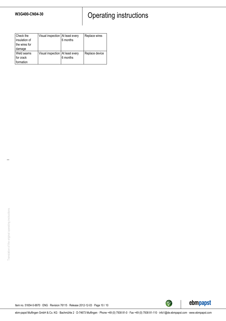 Operating instructions | ebm-papst W3G400-CN04-30 User Manual | Page 10 / 10