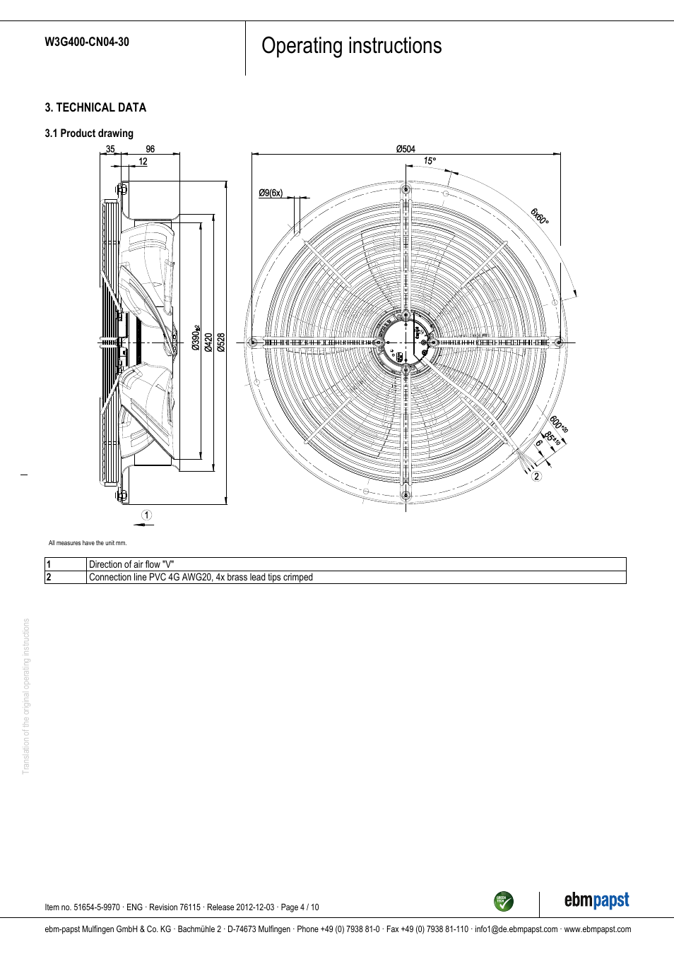 Operating instructions | ebm-papst W3G400-CN04-30 User Manual | Page 4 / 10