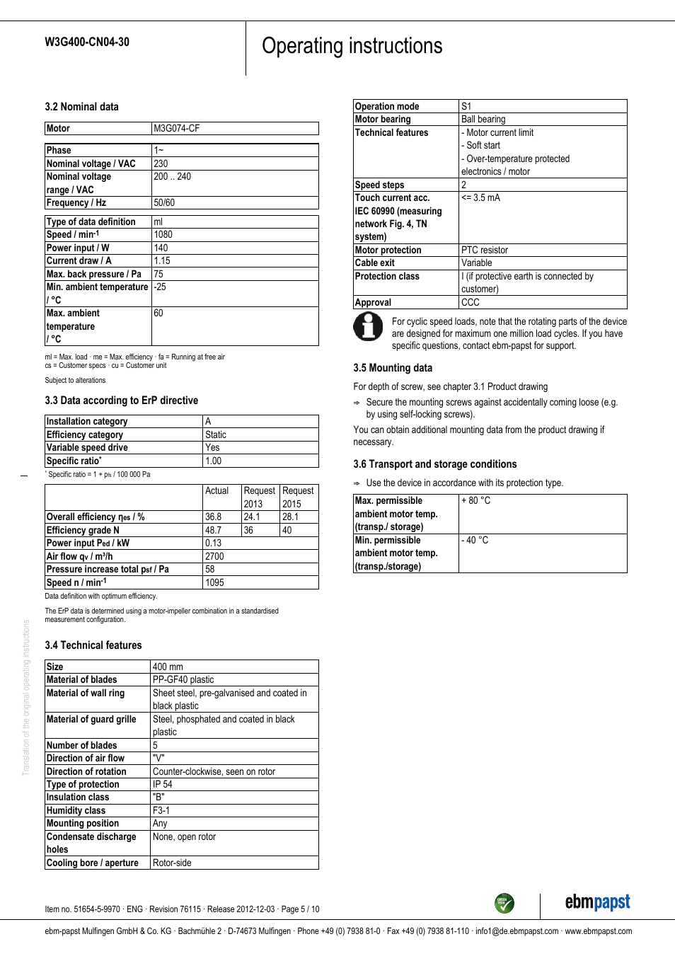 Operating instructions | ebm-papst W3G400-CN04-30 User Manual | Page 5 / 10