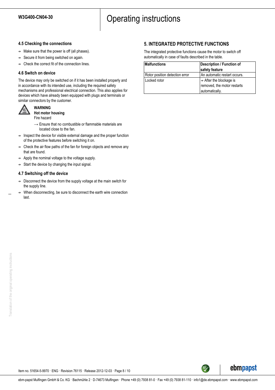 Operating instructions | ebm-papst W3G400-CN04-30 User Manual | Page 8 / 10